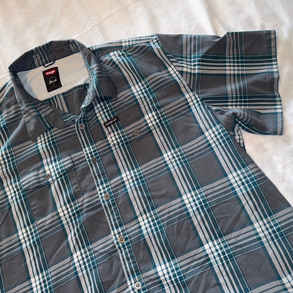Wrangler Regular Fit Mens 3XL Cotton Blend Plaid Short Sleeve Gray Teal